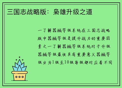 三国志战略版：枭雄升级之道